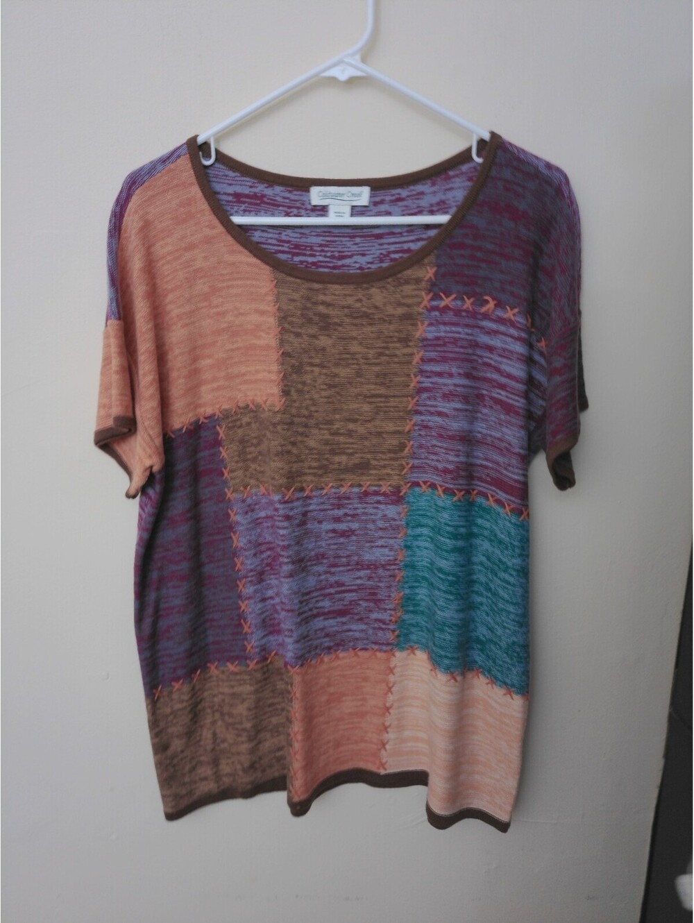 Coldwater Creek Womens Patchwork Top Size PL Multicolor Short Sleeve Y2K Knit